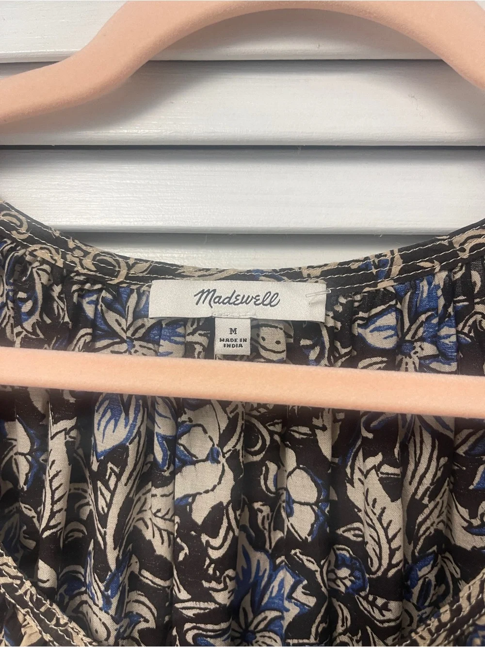 Madewell Black Floral Puff-Sleeve Blouse with Blue Accents